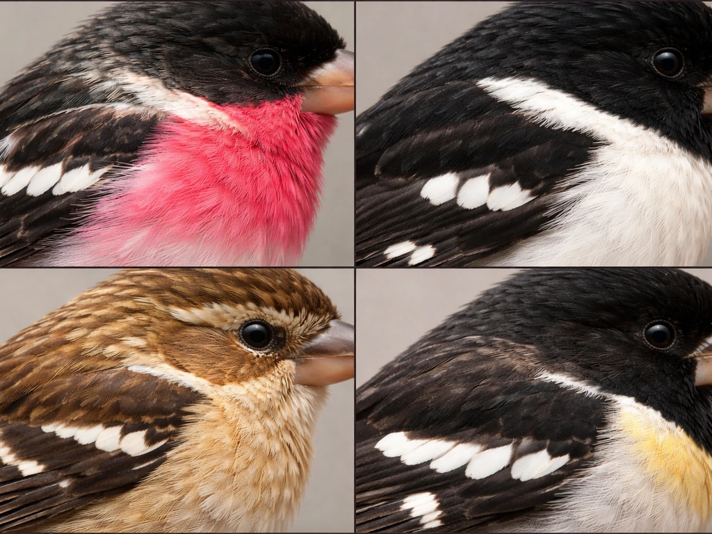 Four close-up plumage swatches showing different grosbeak color and pattern differences on gray background.