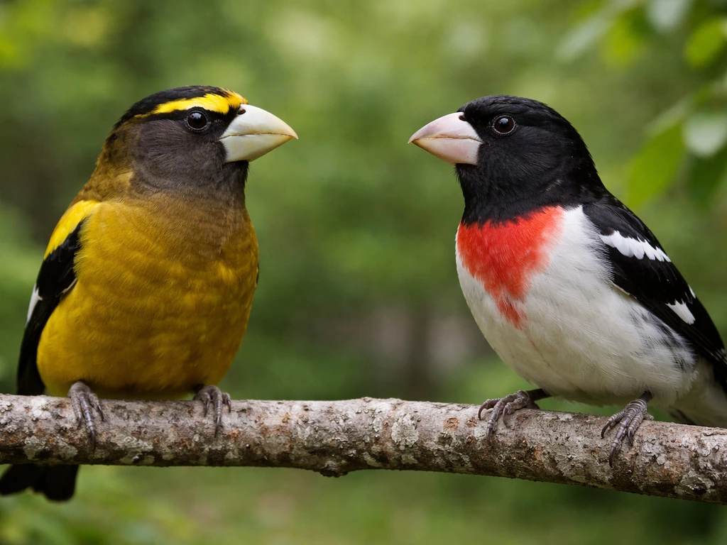 Close-up of a large-beaked grosbeak-like bird perched beside a similar finch, highlighting bill shapes