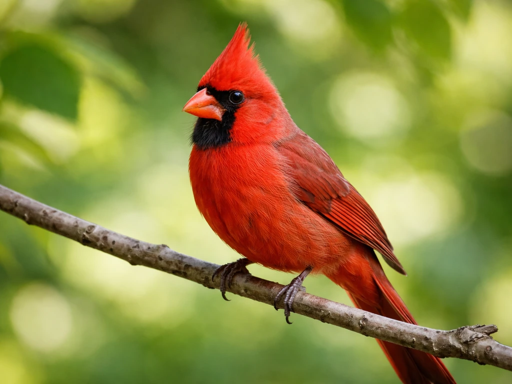 Male Northern Cardinal perched close-up in a backyard branch with vivid red feathers