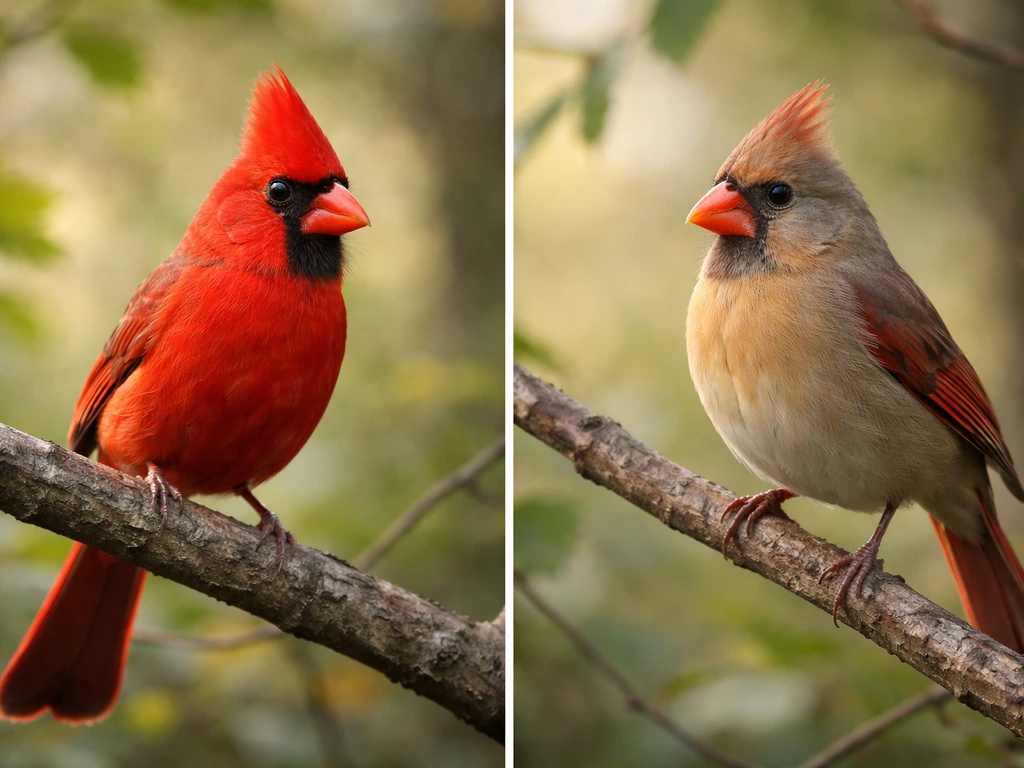 Side-by-side photo of a male and female Northern Cardinal perched on branches, showing crest and plumage differences.
