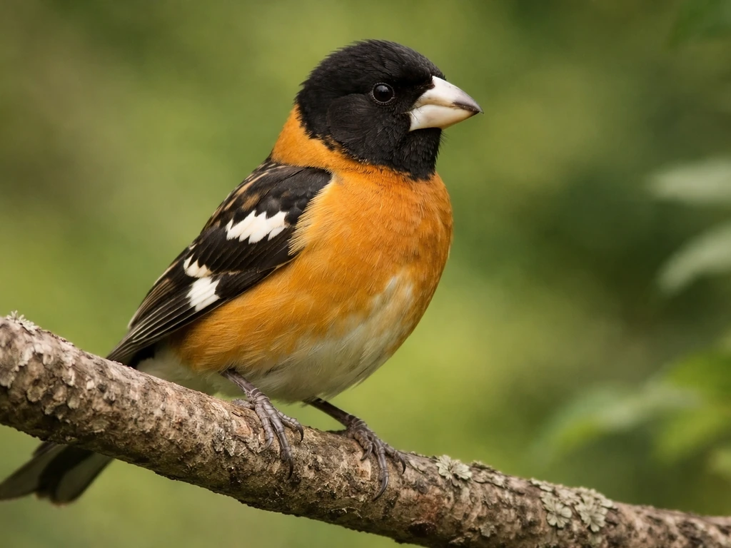 Black-headed grosbeak perched close-up, emphasizing black head and stout bill against a simple leafy background