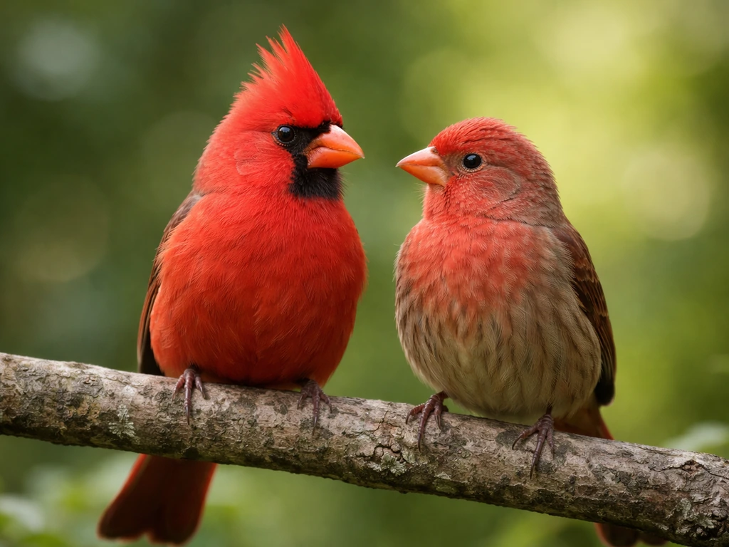 Close-up of two small red birds perched side by side, one showing a distinct crest shape