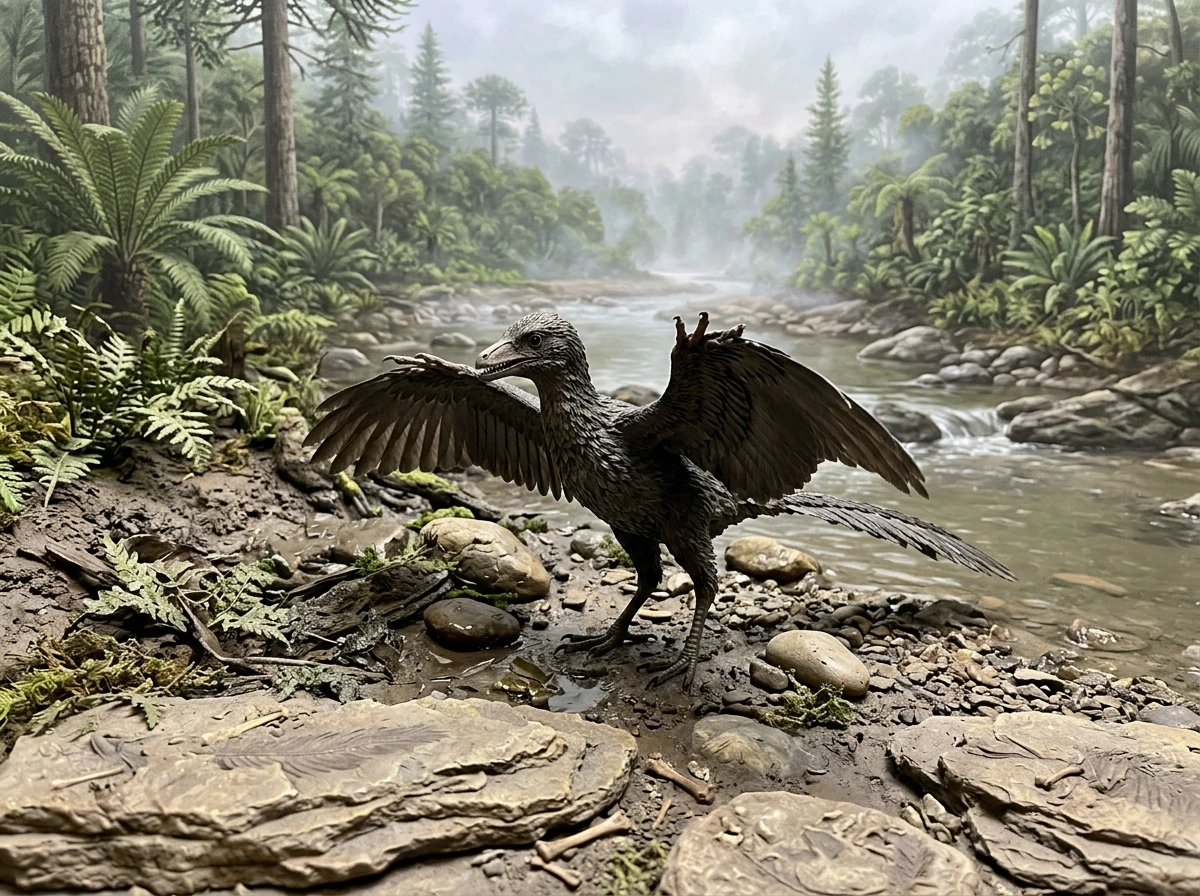 Archaeopteryx-like early bird silhouette above a Jurassic coastal landscape, hinting at fossil evidence.