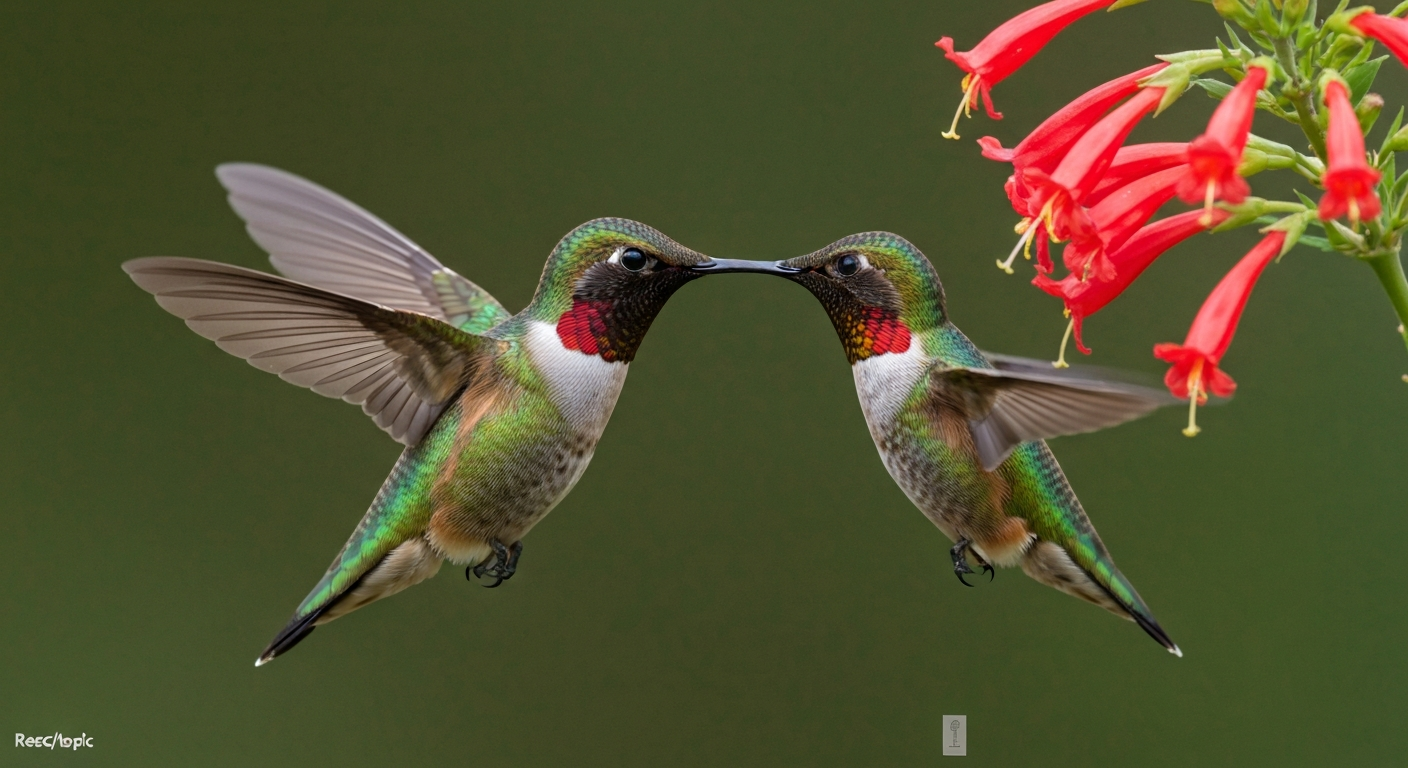 Ruby-throated hummingbird hovering at a red tubular flower, gorget iridescence visible, wings blurred; small ruler for size scale.