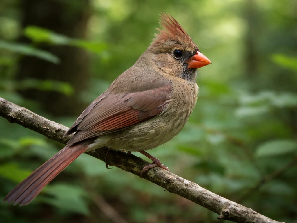 Close-up of a brown bird with a subtle red crest and muted red hints in natural foliage