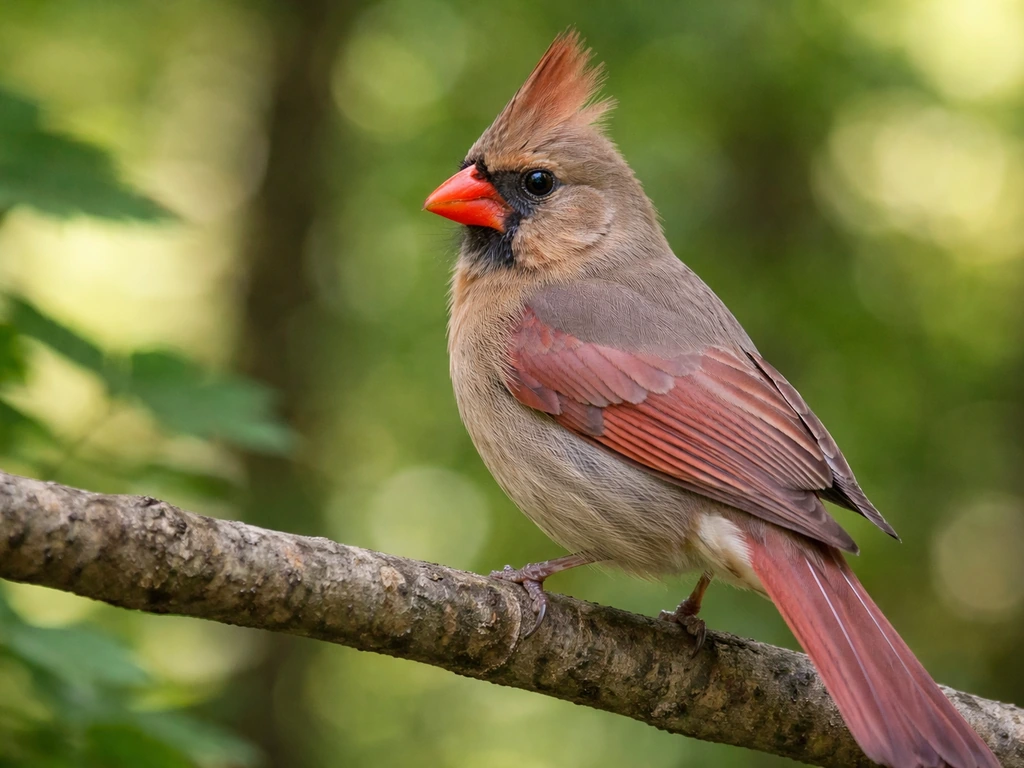 Female Northern Cardinal perched on a branch, showing warm gray-brown plumage and subtle pink/red cues.