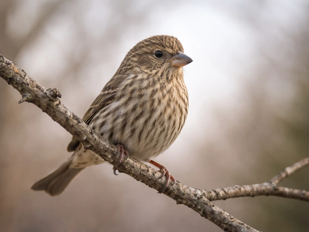 Brown, streaky female house finch perched on a bare branch against a softly blurred winter background.