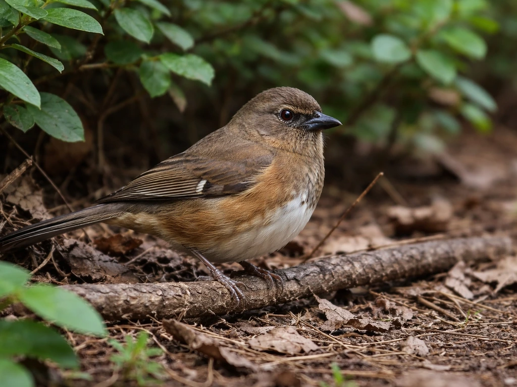 Female Eastern Towhee perched low in dense shrubs near the ground.