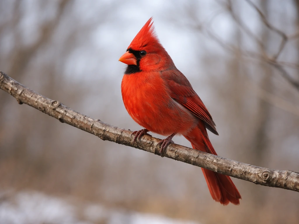 Northern cardinal perched on a bare branch with red plumage and crest-like head in soft daylight.