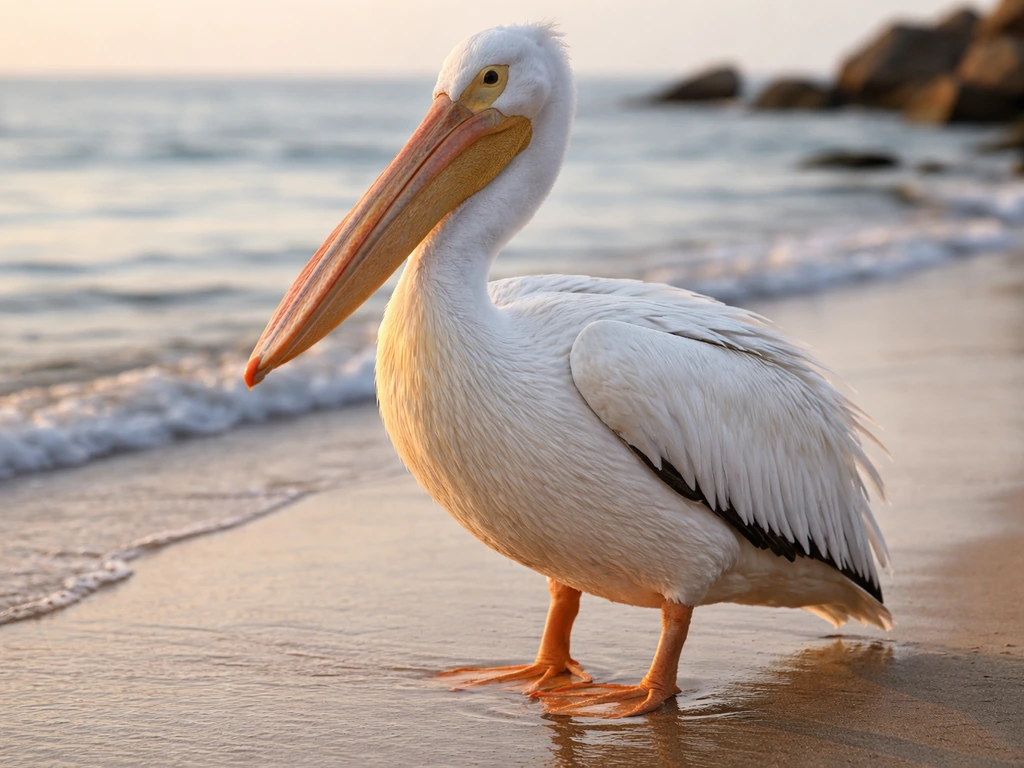 Close-up of a pelican on a quiet beach, highlighting its long bill and visible throat pouch