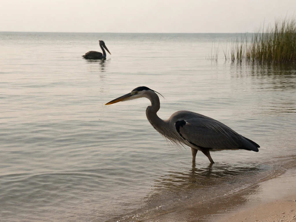 Great Blue Heron with long neck and dagger bill contrasted against a distant pelican-like silhouette