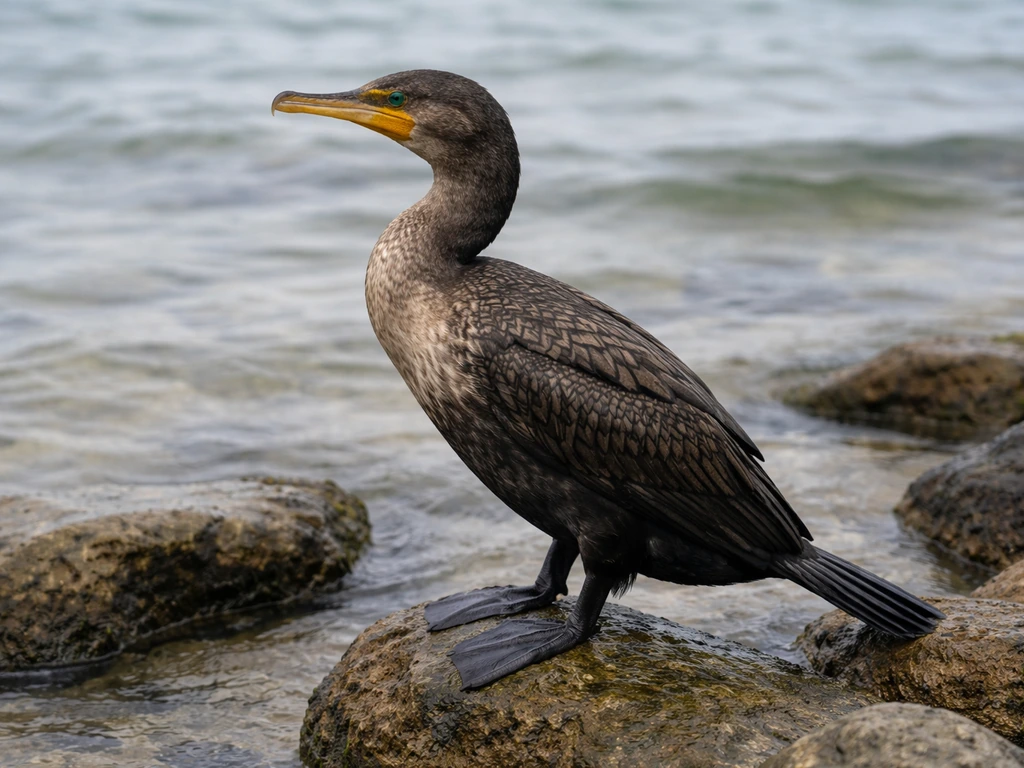 Single Double-crested Cormorant perched on rocks by water, stocky body and long bill with small throat pouch area visibl