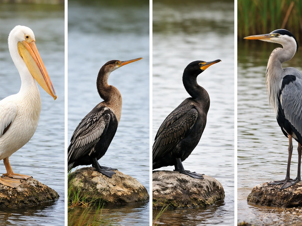Minimal photo of four anonymous waterbirds in simple poses, highlighting bill, throat pouch, and neck posture difference
