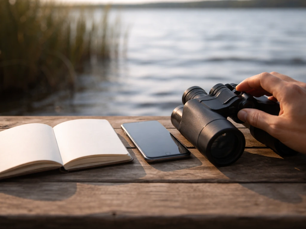 Binoculars, smartphone, and blank notebook on a shoreline table for bird identification checklist work