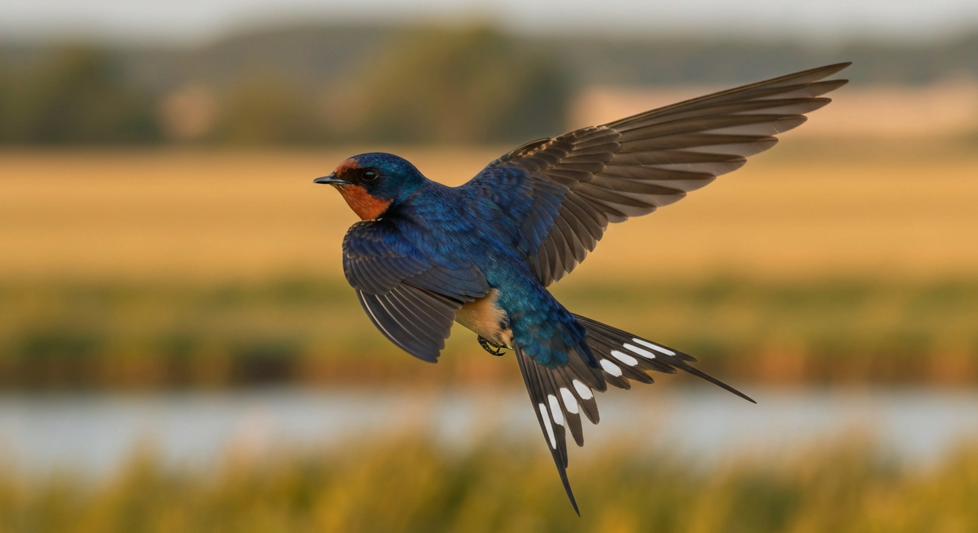 Adult barn swallow in flight showing steel-blue back, rufous forehead and throat, pale belly, and deeply forked tail with white spots.