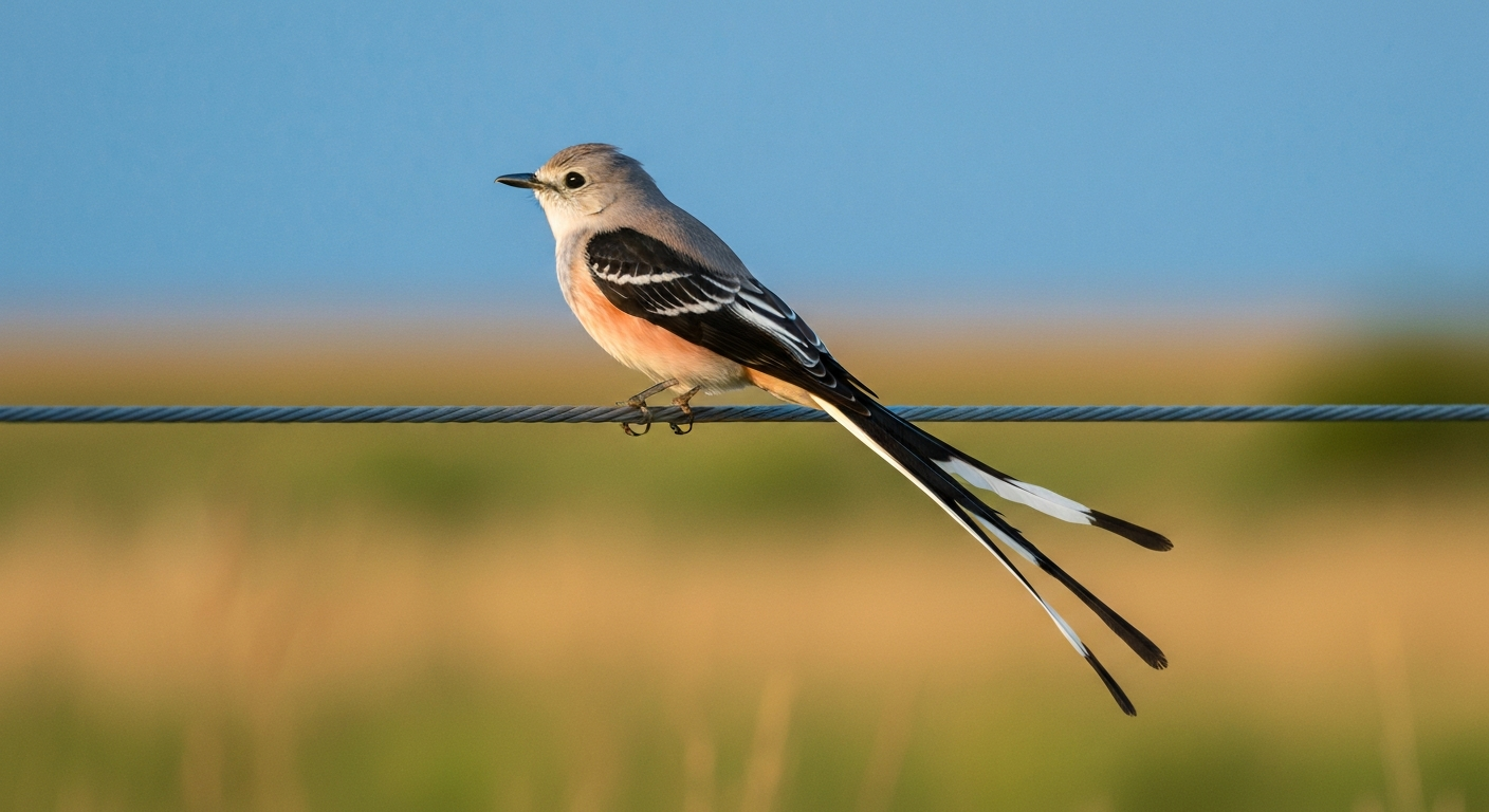 Adult male Scissor-tailed Flycatcher perched on a power line, showing its very long forked tail and salmon-pink flanks against a blue sky.