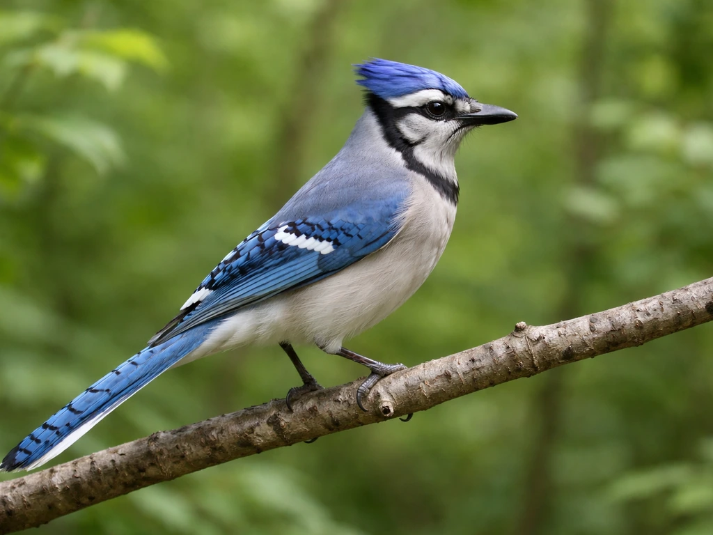 Blue jay perched upright, showing long tail and visible crest in natural light