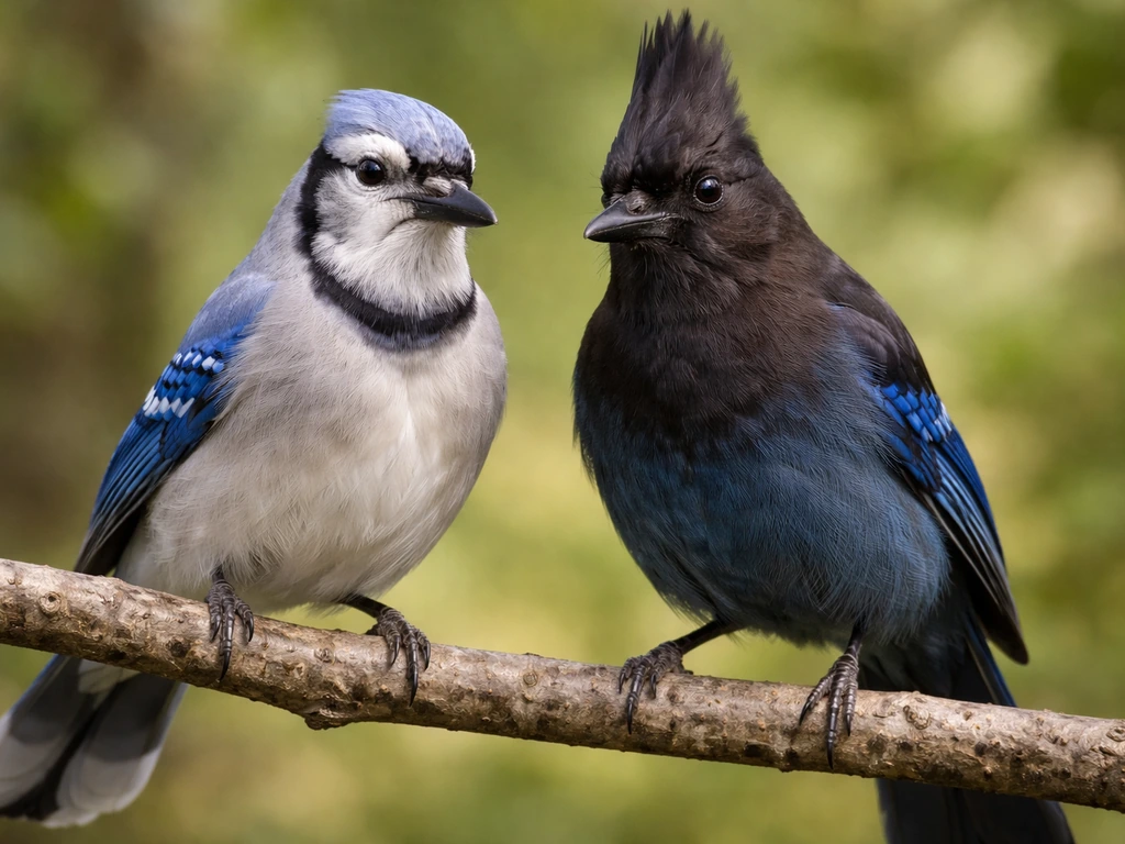 Blue Jay and Steller’s Jay side by side on a branch, showing the Steller’s darker sooty tone.