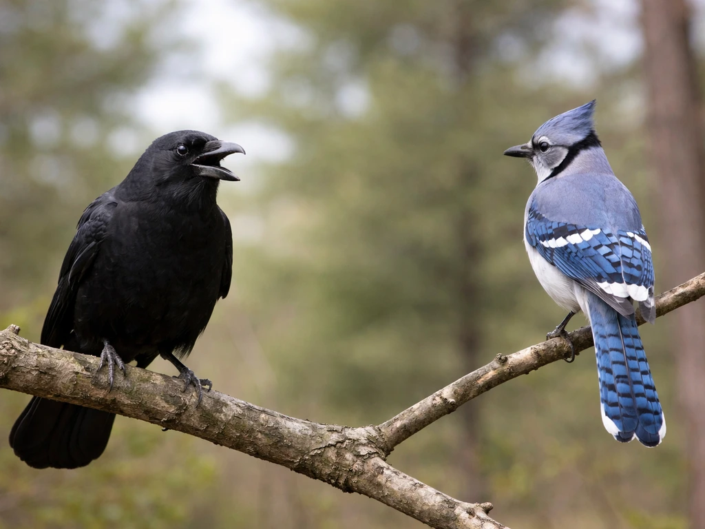 An American crow (black, crestless) beside a blue jay (blue with crest) on simple branches.