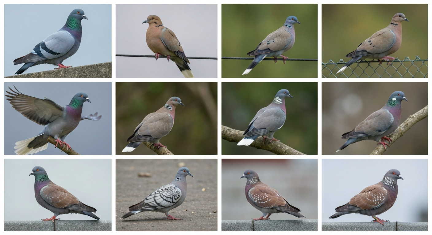 Photorealistic 3x3 montage of pigeon-like birds (rock pigeon, mourning dove, Eurasian collared-dove, wood pigeon, band-tailed pigeon, white-winged dove, Inca dove, speckled pigeon) showing key field marks.