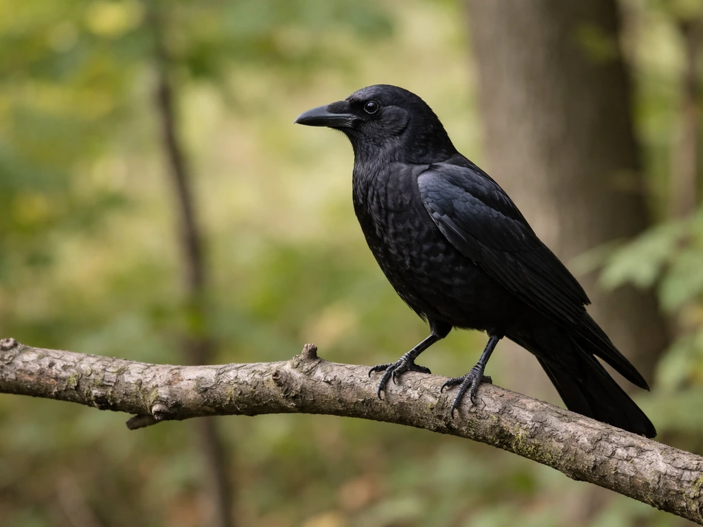 American crow perched on a branch with a clear, full silhouette in a quiet woodland setting.