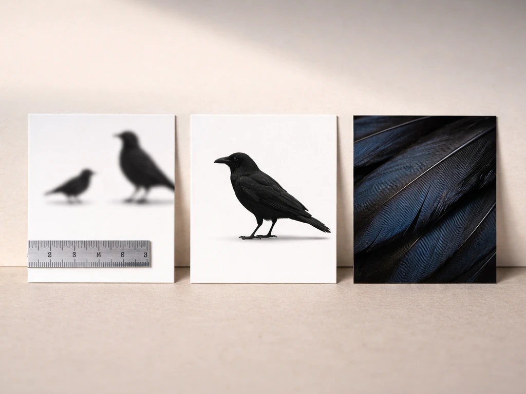 Three photo-like cards showing bird features: size, shape, and color for identifying black bird lookalikes.