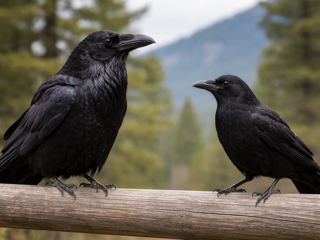 Common raven and American crow perched side-by-side on a fence, showing larger size and thicker bill.
