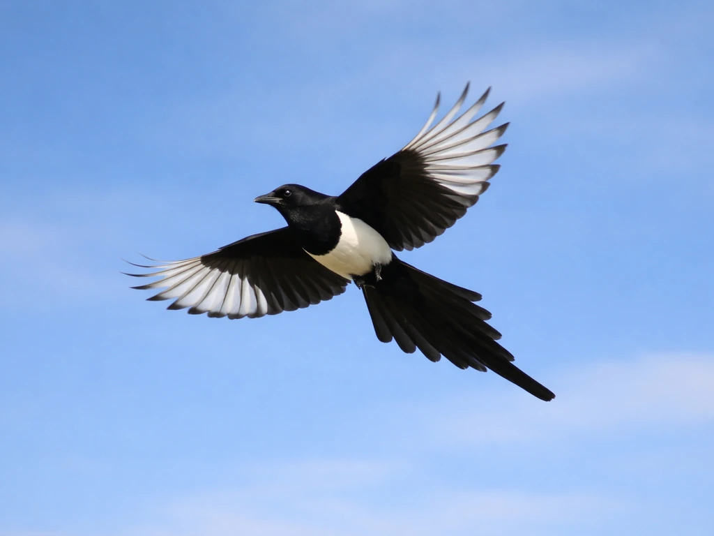 Black-billed magpie in flight showing white wing patches and a dramatically long tail.