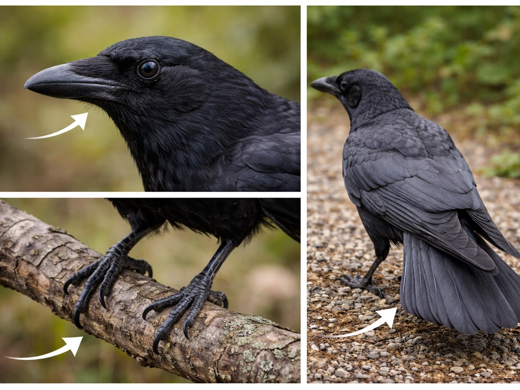 Close-up of a crow’s bill, feet, and tail angles in natural light with subtle non-text arrows