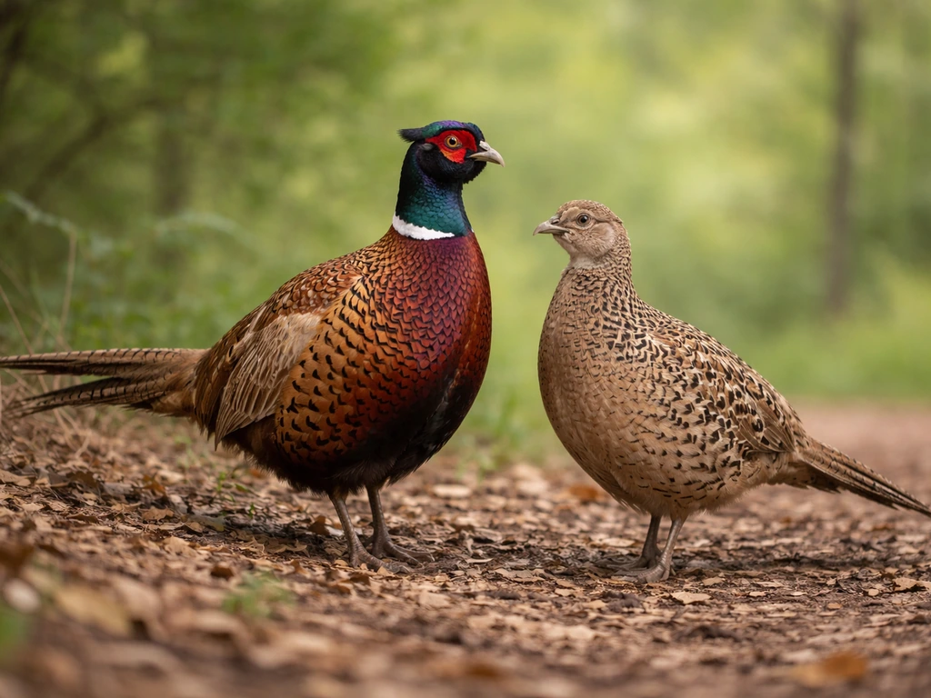 Male and female pheasants together, showing iridescent head, red eye patch, and mottled plumage with long tail