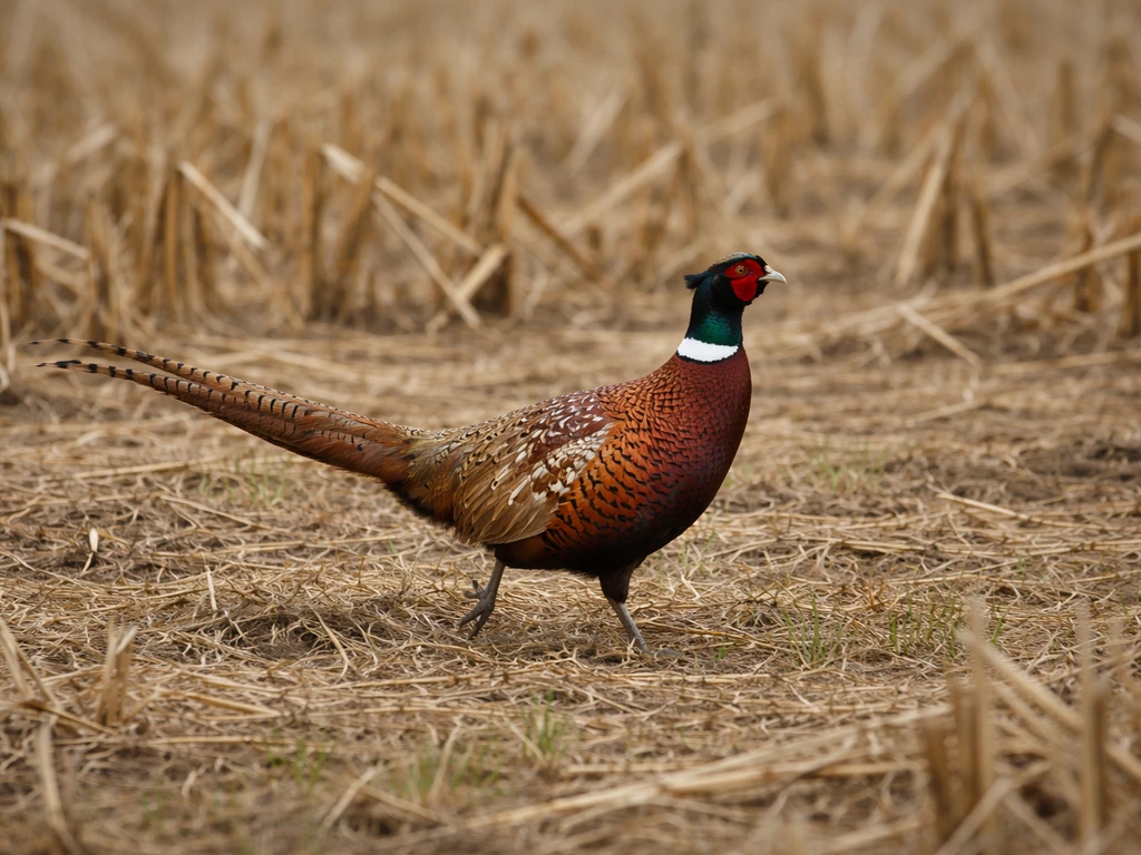 Full-body pheasant strutting through a harvested cornfield, long tail fanned in profile.