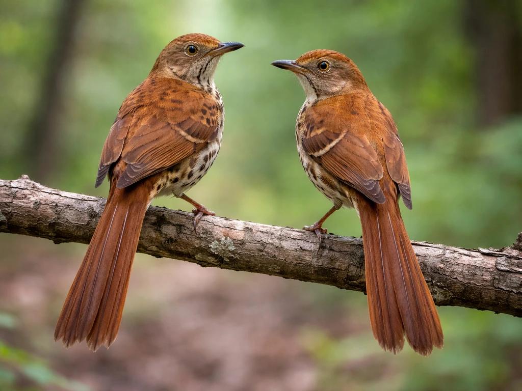 Two small birds on a branch, tails extended clearly to compare male and female structure.