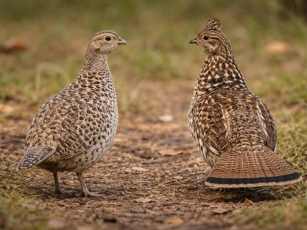 Side-by-side pheasant and look-alike grouse/prairie-chicken showing key tail differences in natural habitat.
