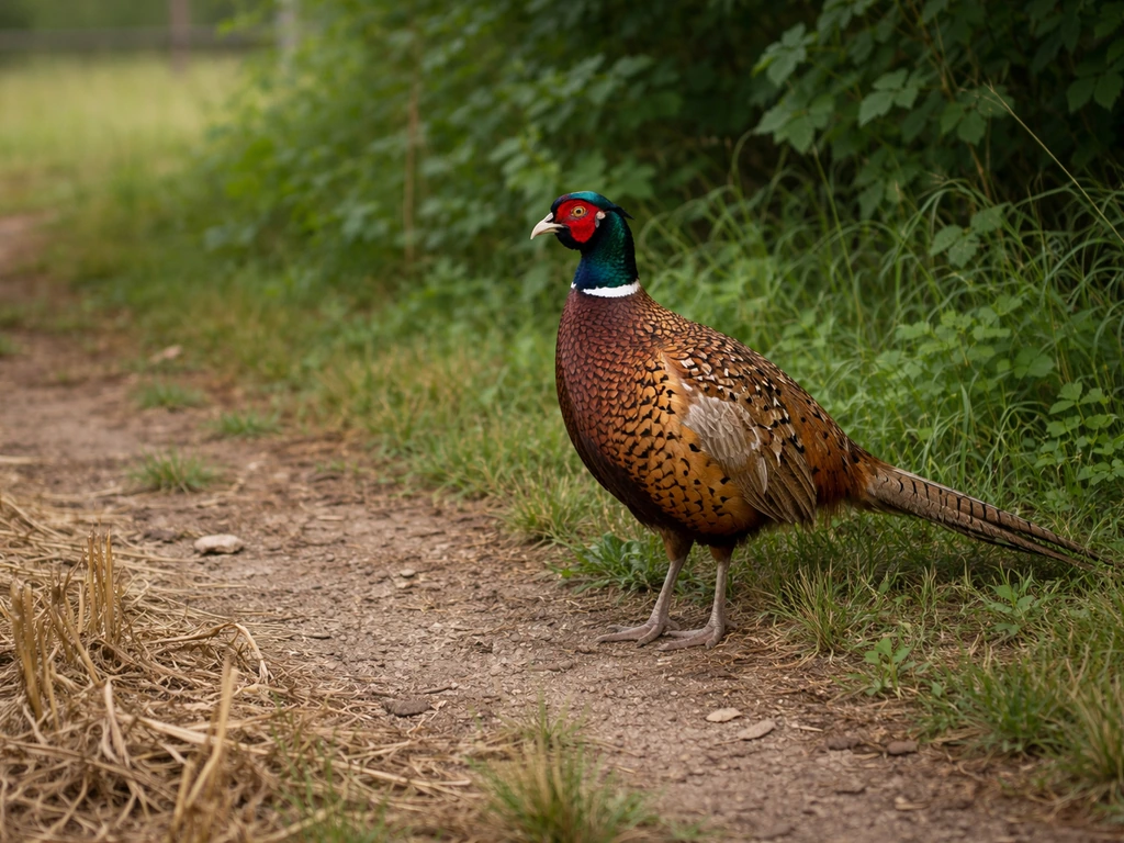 A realistic pheasant standing in a rural yard near brush, seen from an angled overhead view.