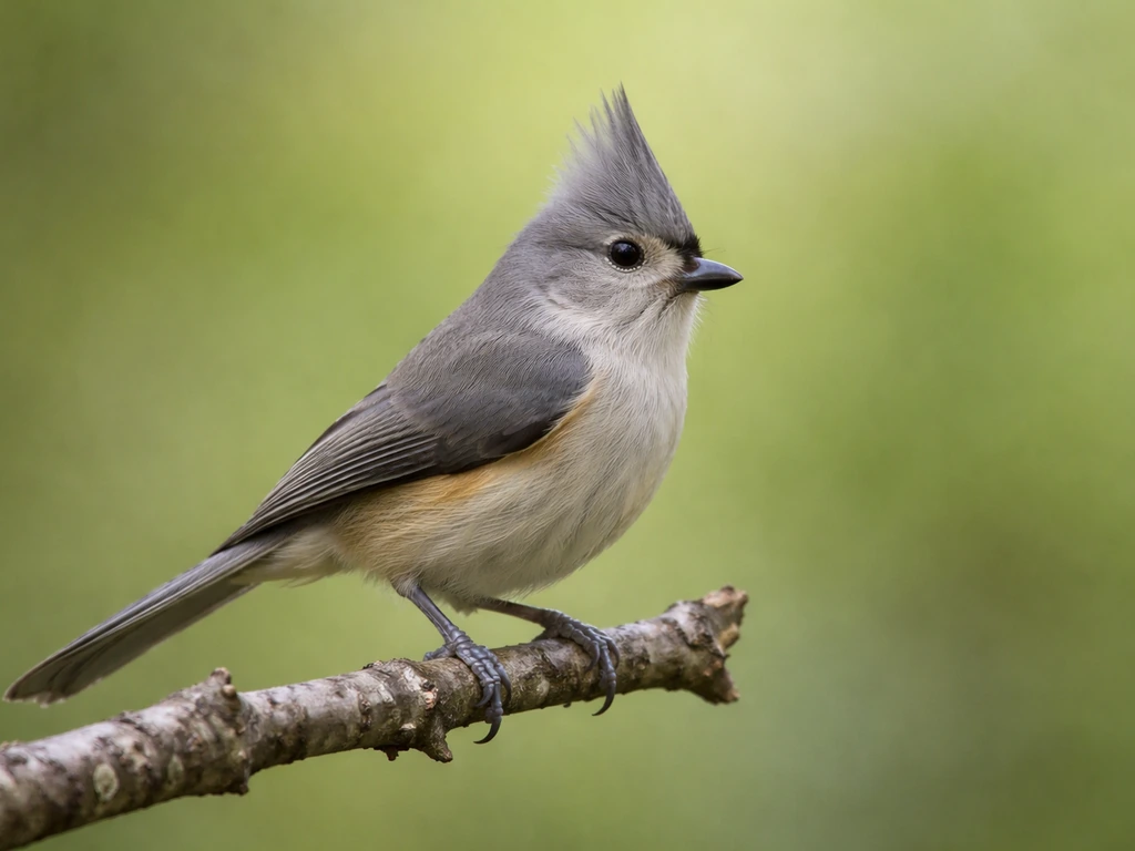 A small gray songbird perched with its crest raised, showing the tufted titmouse’s defining feather crest