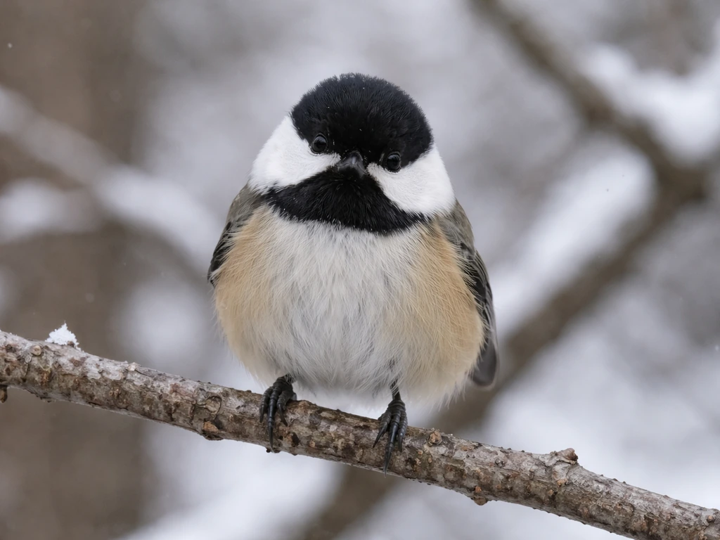 Close-up of a black-capped chickadee perched on a winter branch, showing black cap and gray bib clearly.