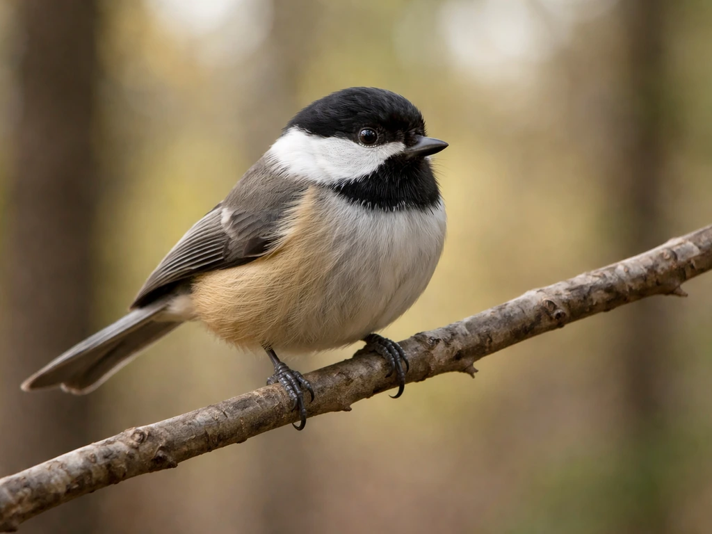 Small perched songbird in soft forest background, showing head, bill, and body shape clearly.
