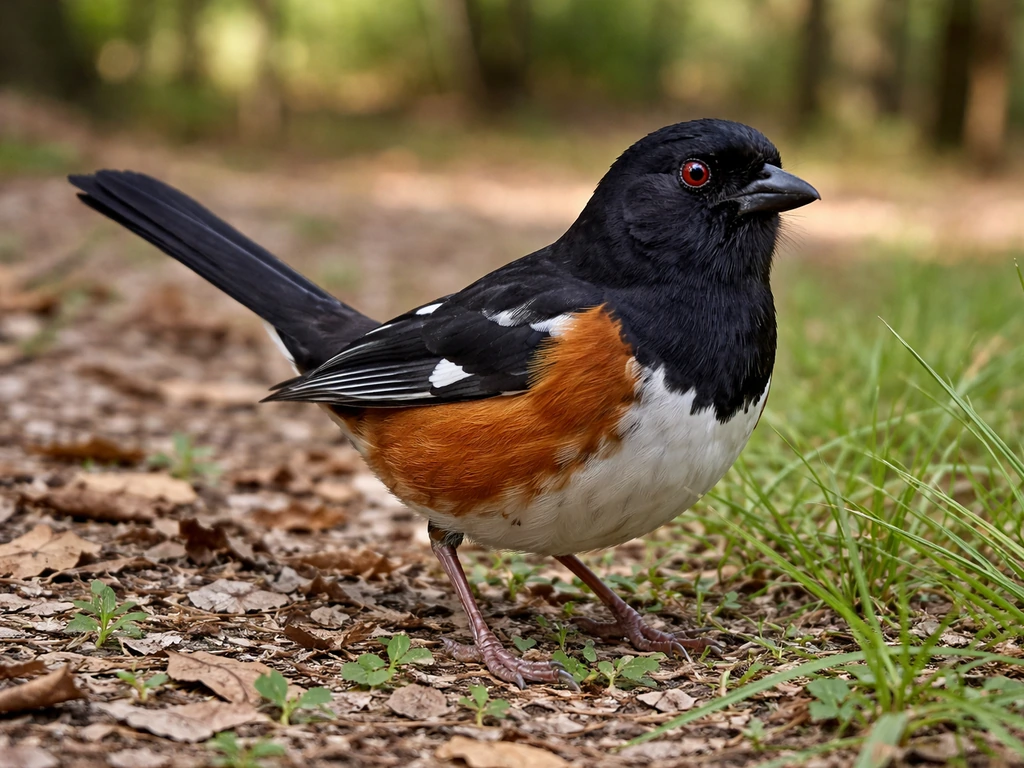Towhee perched on the ground with bold face markings, clear wing bars, and reddish-toned belly in natural light.