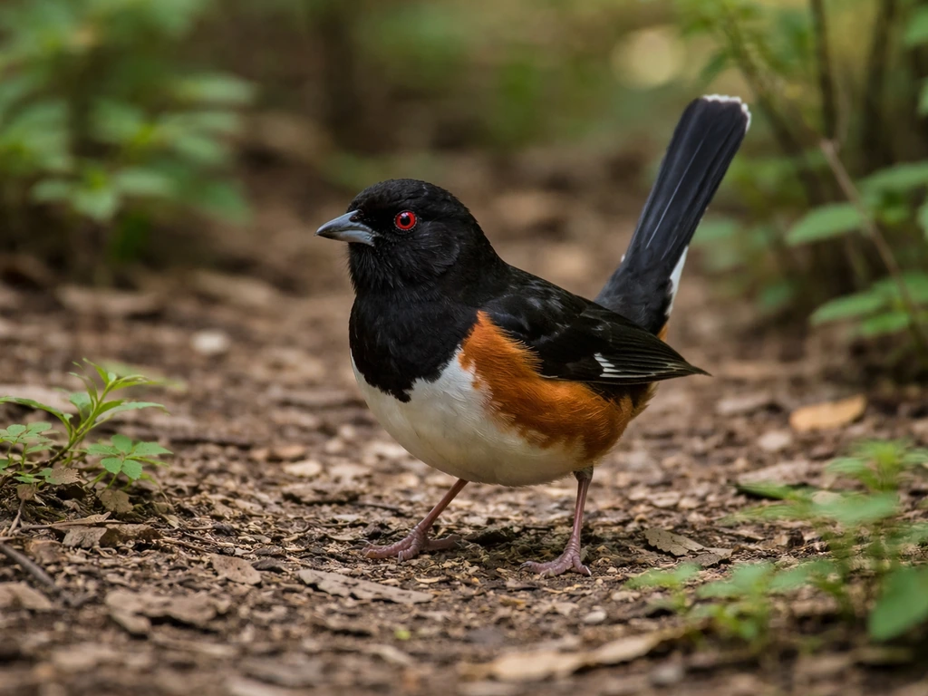 A towhee with an upright long tail perched on the ground near low plants in natural light.