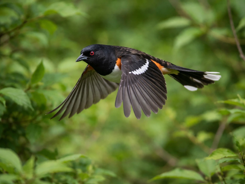 Eastern Towhee in flight showing white tail corners and a white check-mark on the wing/throat area.