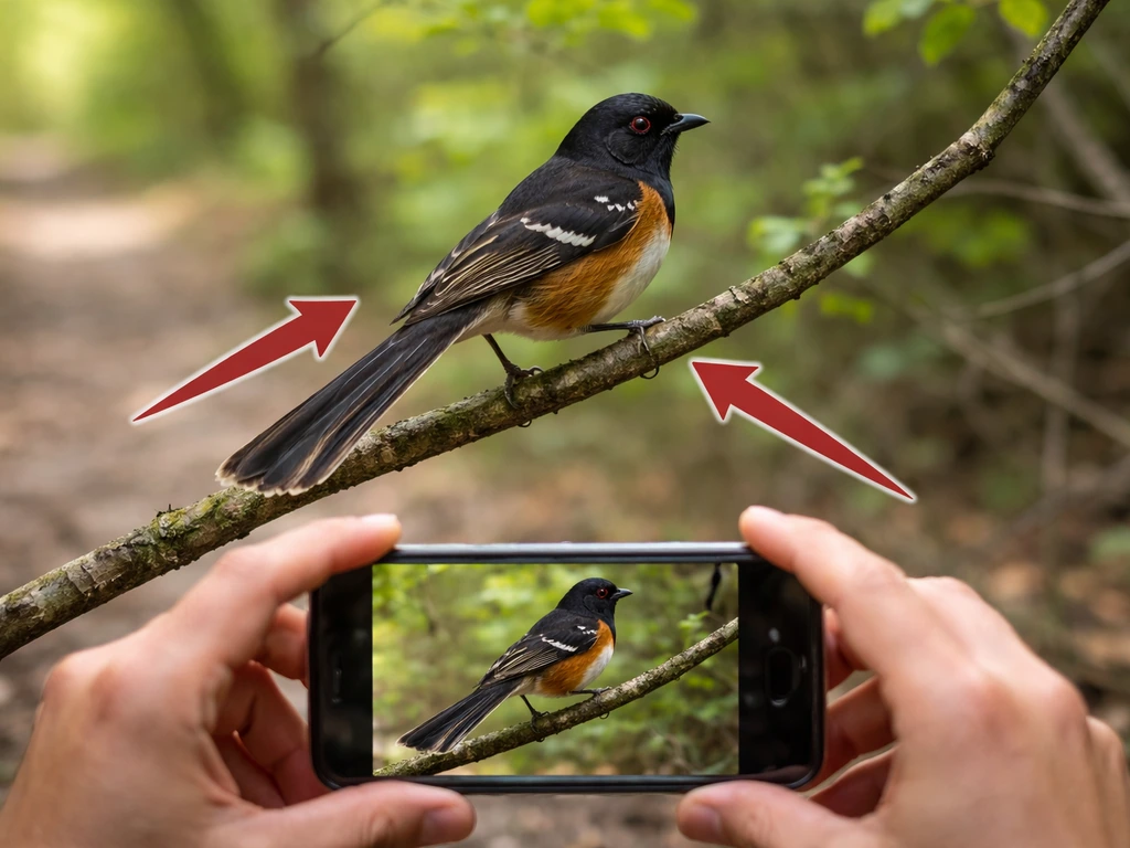 Towhee on a branch with photographer’s hands framing tail length and wing-bar details, red arrows.