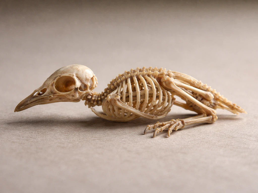 Side-view photo of a bird skeleton on a neutral background, showing skull, ribs/keel, and fused leg bones.
