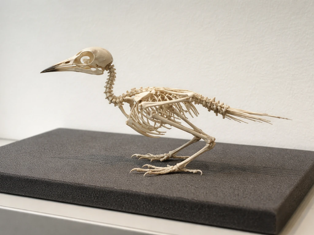Full bird skeleton silhouette displayed on a dark mount, showing delicate thin bones and distinctive outline.