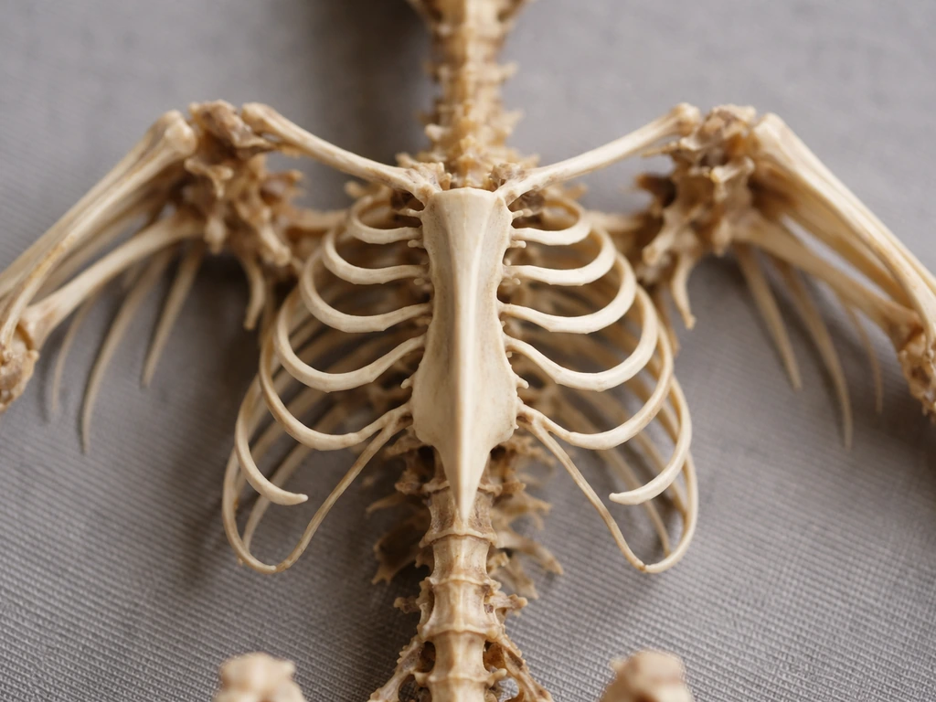 Real bird skeleton chest and wings showing keeled sternum and ribs curving to the breastbone.