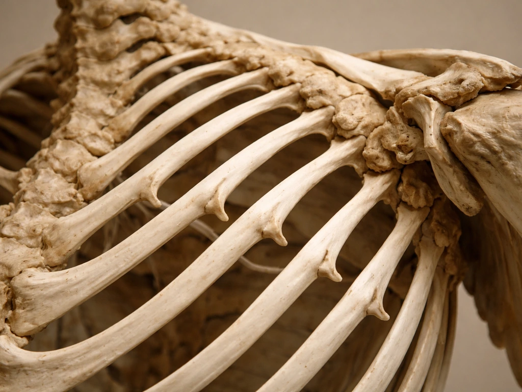 Close-up anatomical view of curved ribs with backward uncinate projections near the shoulder girdle/wing base
