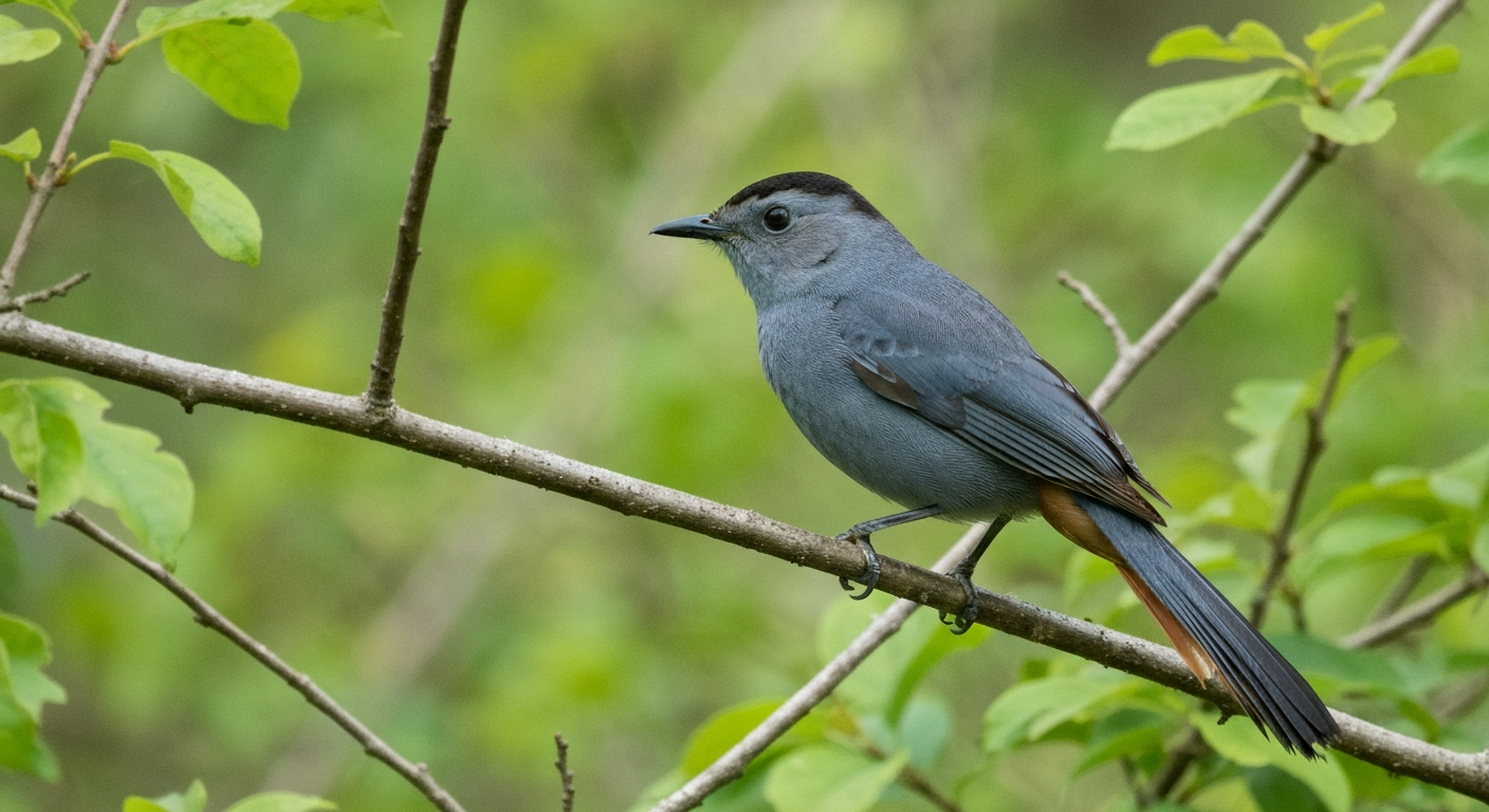 Female Gray Catbird perched in a dense thicket showing slate-gray body, dark cap, and rufous undertail coverts.