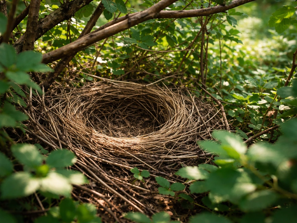 Open-cup cardinal-style nest tucked low in dense green shrubs with surrounding foliage context.