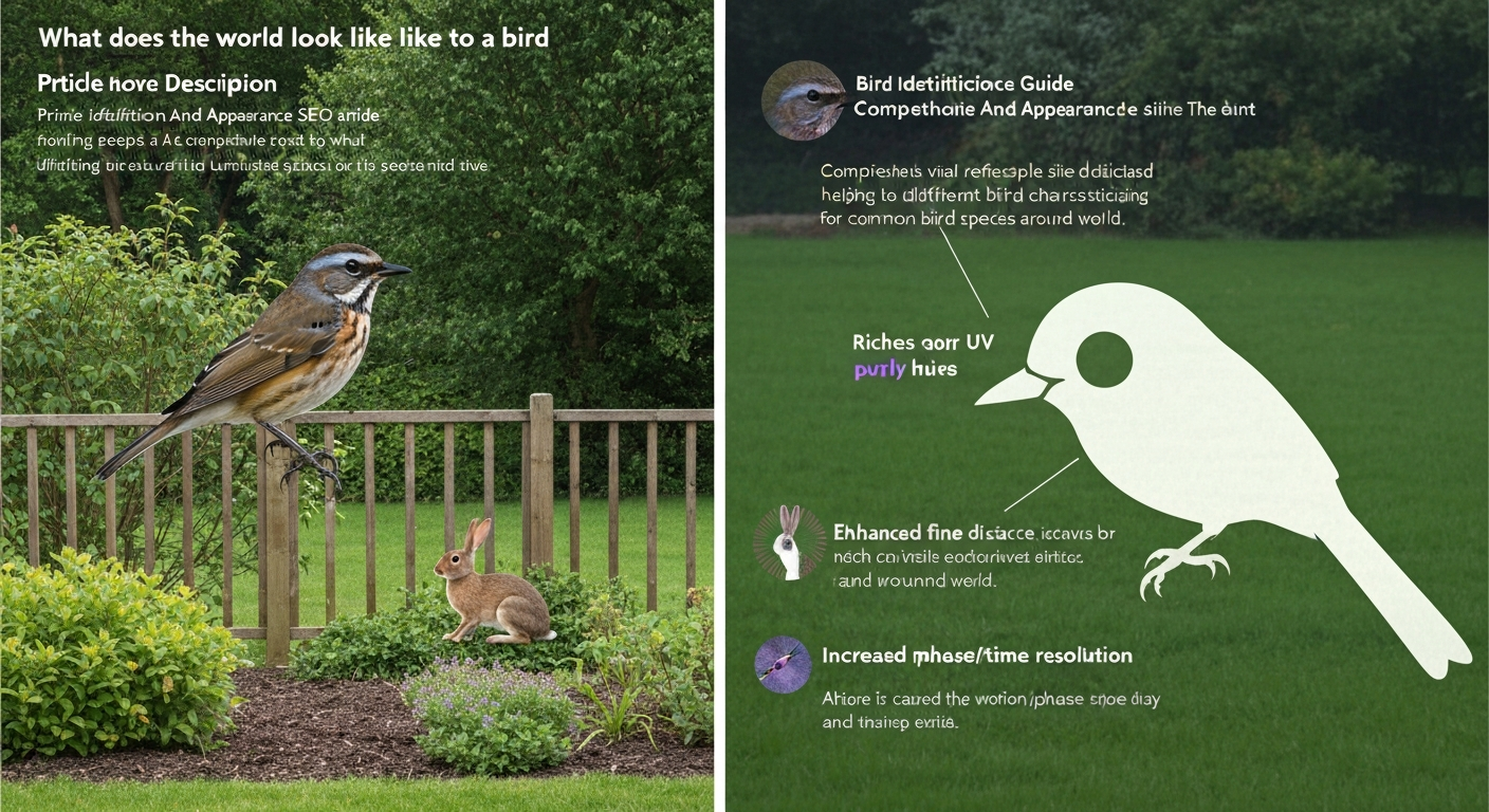 Split-view illustration comparing human vision (left) with bird vision (right), showing richer colors including ultraviolet, greater detail, and clearer motion in the bird view.