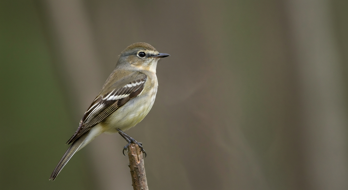 Photorealistic field-guide style image of a flycatcher perched upright, showing short bill, two wing bars, olive-brown upperparts and pale belly.
