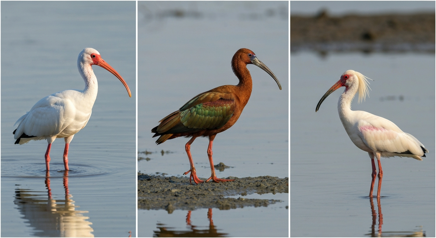 Three ibises side-by-side: American White Ibis (white with red bill and pink legs), Glossy Ibis (dark chestnut with iridescent sheen) and Crested Ibis (white with crest and red facial skin) in a shallow marsh.